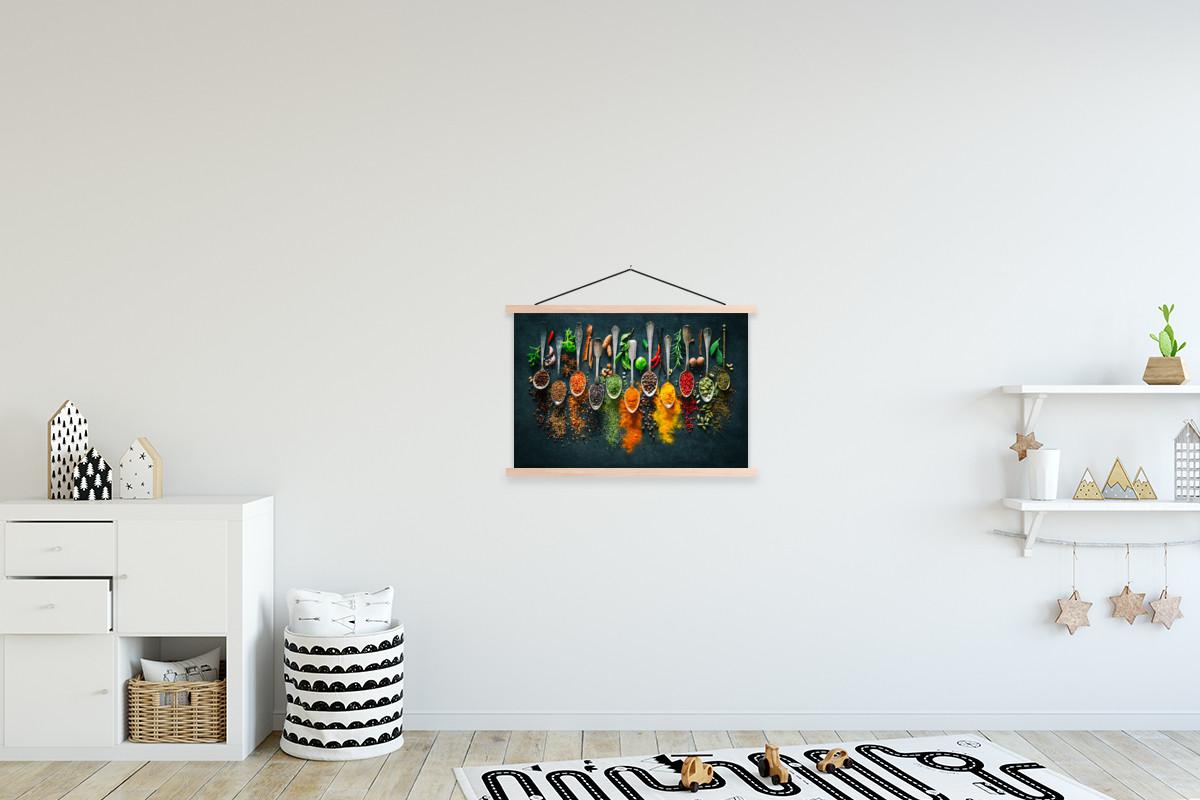POSTER MIT MAGNETLEISTEN Kräuter - Gewürze - Löffel Wandbilder 60x40 cm - Currygelb, Textil (60/40/0.15cm) - MuchoWow