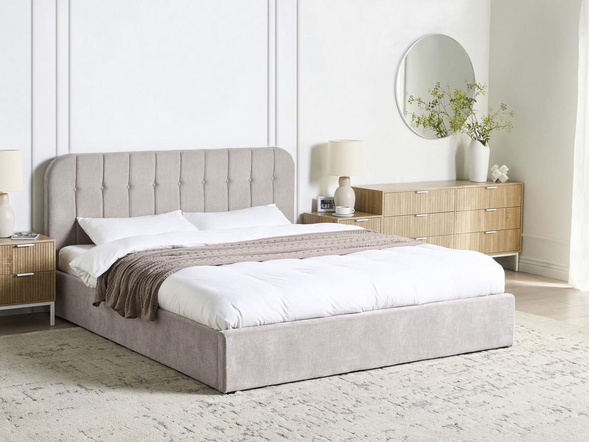 BETT mit Stauraum 180/200 cm Chenillegewebe Taupe Challans - Taupe, Textil (180/200cm) - Beliani