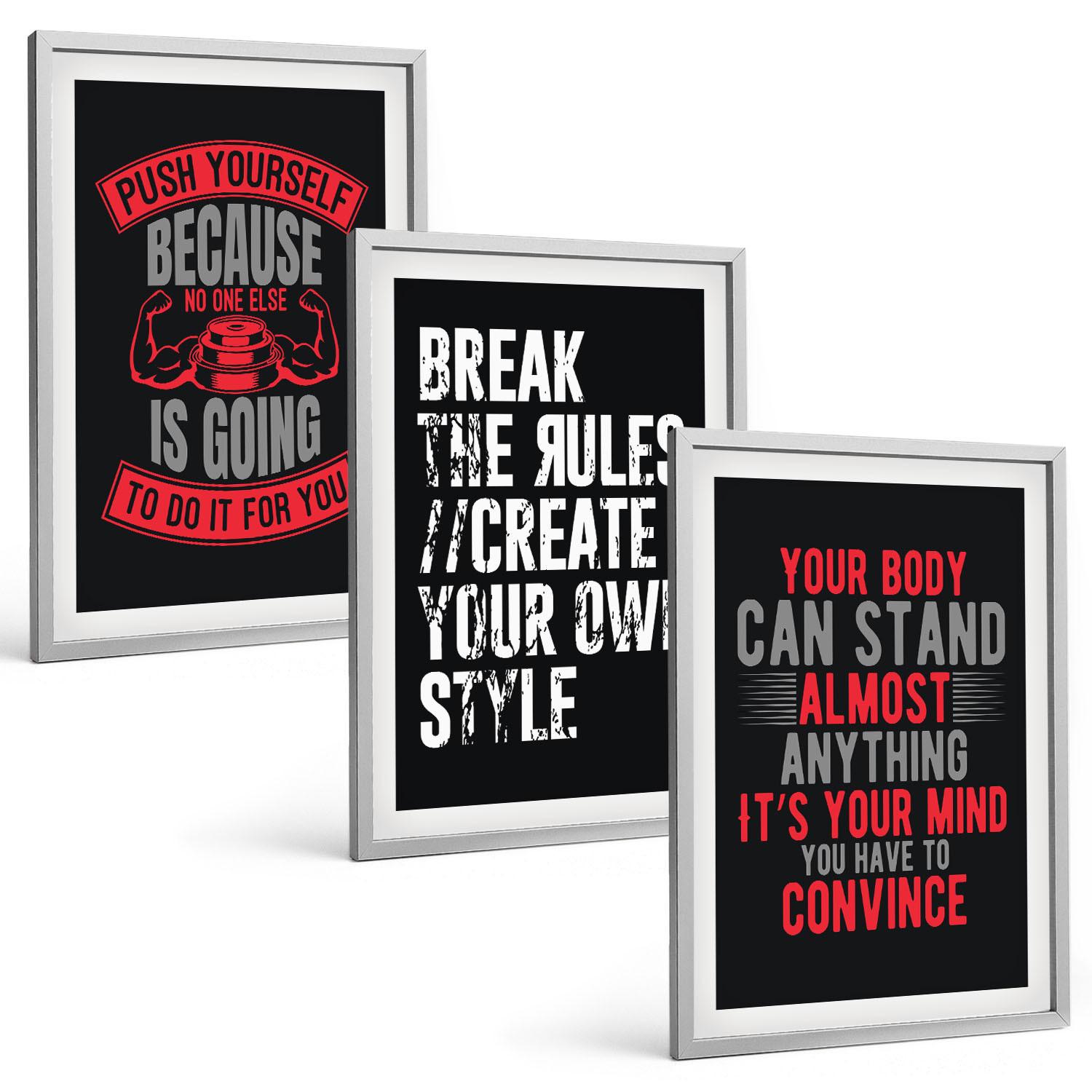 BILDER SET 3er Set - 40x60 cm Silberner Rahmen - Motivation, Training, Selbstentwicklung - Silberfarben, Kunststoff (40/60cm) - TULUP