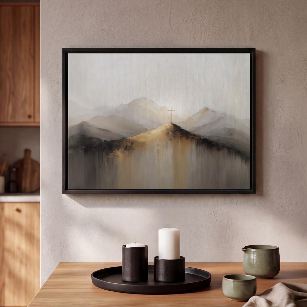LEINWAND Bilder mit Rahmen - Hügel - Abstrakt - Kreuz - Christentum - 40x30 - Beige, Textil (40/30cm) - MuchoWow