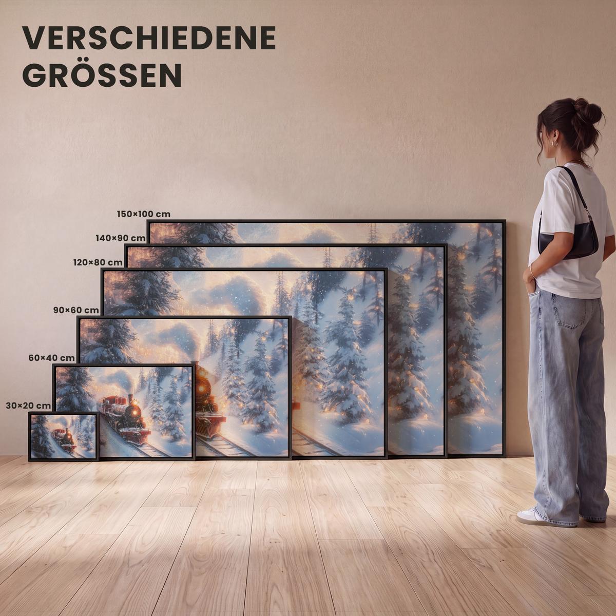 LEINWAND Bilder mit Rahmen - Weihnachtszug - Schnee - Winter - Weihnachten - 60x40 - Dunkelrot, Textil (60/40cm) - MuchoWow