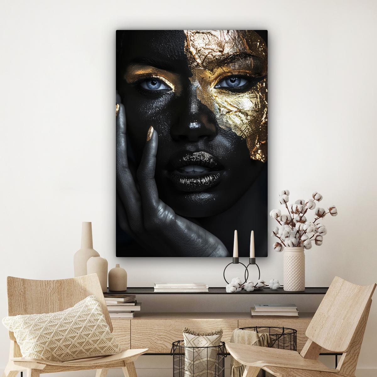 LEINWANDBILD Frau - Gold - Porträt - Schwarz-Weiß - Luxus Deko Groß 90x140 cm - Hellblau, Textil (90/140cm) - MuchoWow