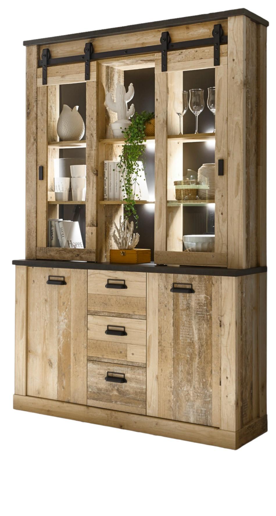 BUFFETSCHRANK Used Wood hell, anthrazit, Vitrinenschrank 133 x 201 cm - Eichefarben/Anthrazit, Holzwerkstoff/Metall (133/201/37cm) - Furn.Design