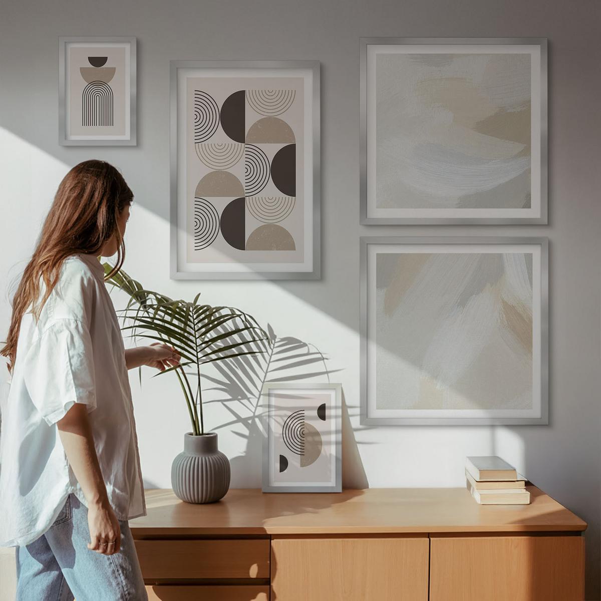 BILDER SET 5er Set - 50x50 cm & 20x30 cm & 40x60 cm Silberner Rahmen - Abstrakte geometrische Muster - Silberfarben, Kunststoff (40/60cm) - TULUP