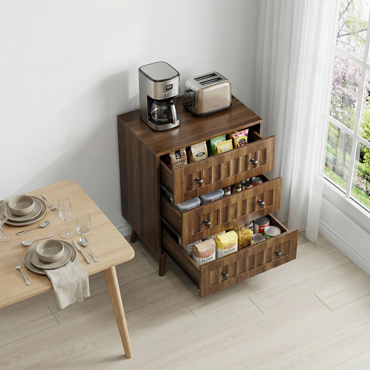 SIDEBOARD walnuss-optik & rillen-design mit 3 schubladen & massivholzbeinen - Walnussfarben, Holzwerkstoff (60/78/40cm) - Urban Meuble