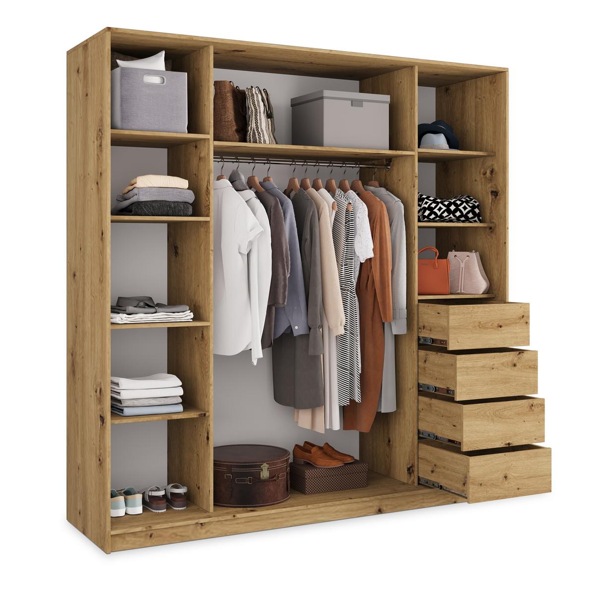 SCHWEBETÜRENSCHRANK SORE 180/205/58 cm 3-türig mit Spiegel und Schubladen Schwarz / Eiche Artisan - Schwarz/Eiche Artisan, Holzwerkstoff (180/205/58cm) - MASSENO