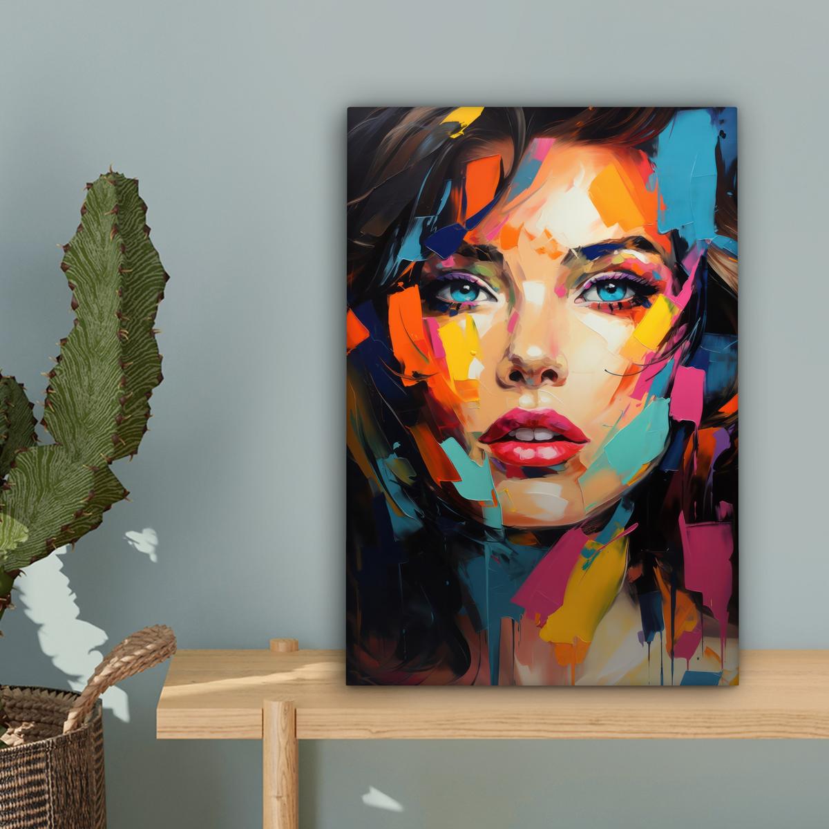 LEINWANDBILD Frau - Porträt - Farbenfroh - Kunst Deko Wohnzimmer 20x30 cm - Multicolor, Textil (20/30cm) - MuchoWow