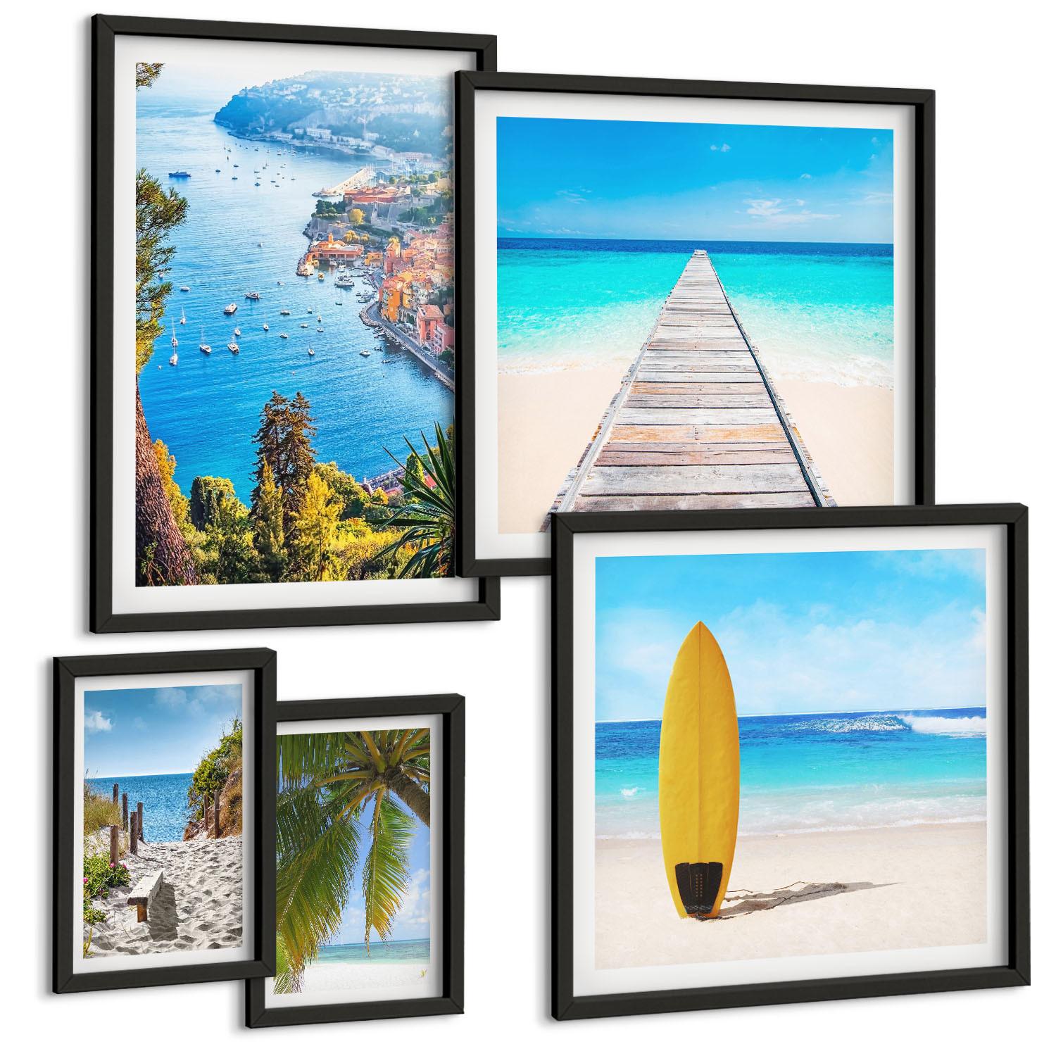 BILDER SET 5er Set - 50x50 cm & 20x30 cm & 40x60 cm Schwarzer Rahmen - Urlaubsblick Strand Palmen - Schwarz, Kunststoff (40/60cm) - TULUP