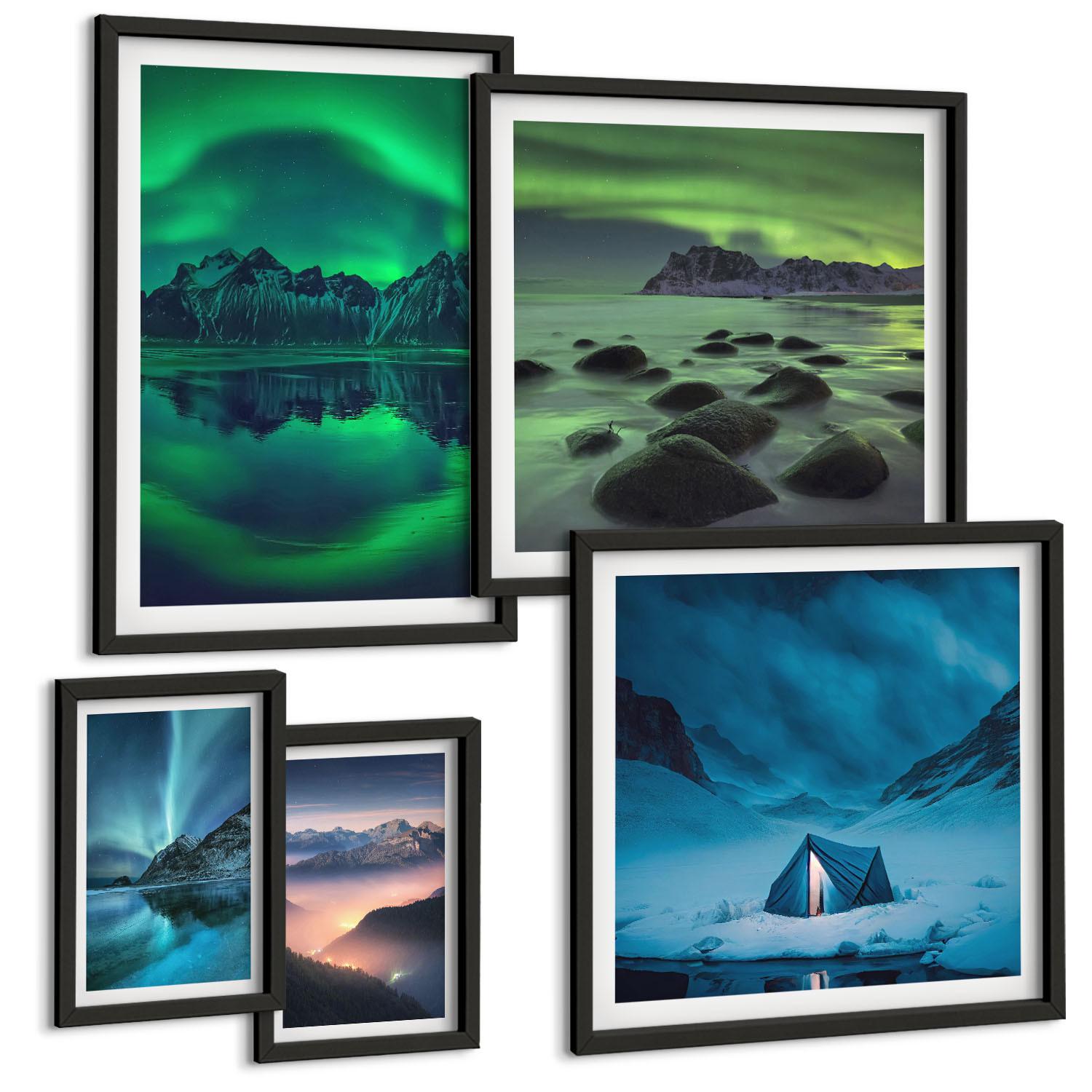BILDER SET 5er Set - 50x50 cm & 20x30 cm & 40x60 cm Schwarzer Rahmen - Stilvolle Pflanzenmuster und Geometrie - Schwarz, Kunststoff (40/60cm) - TULUP