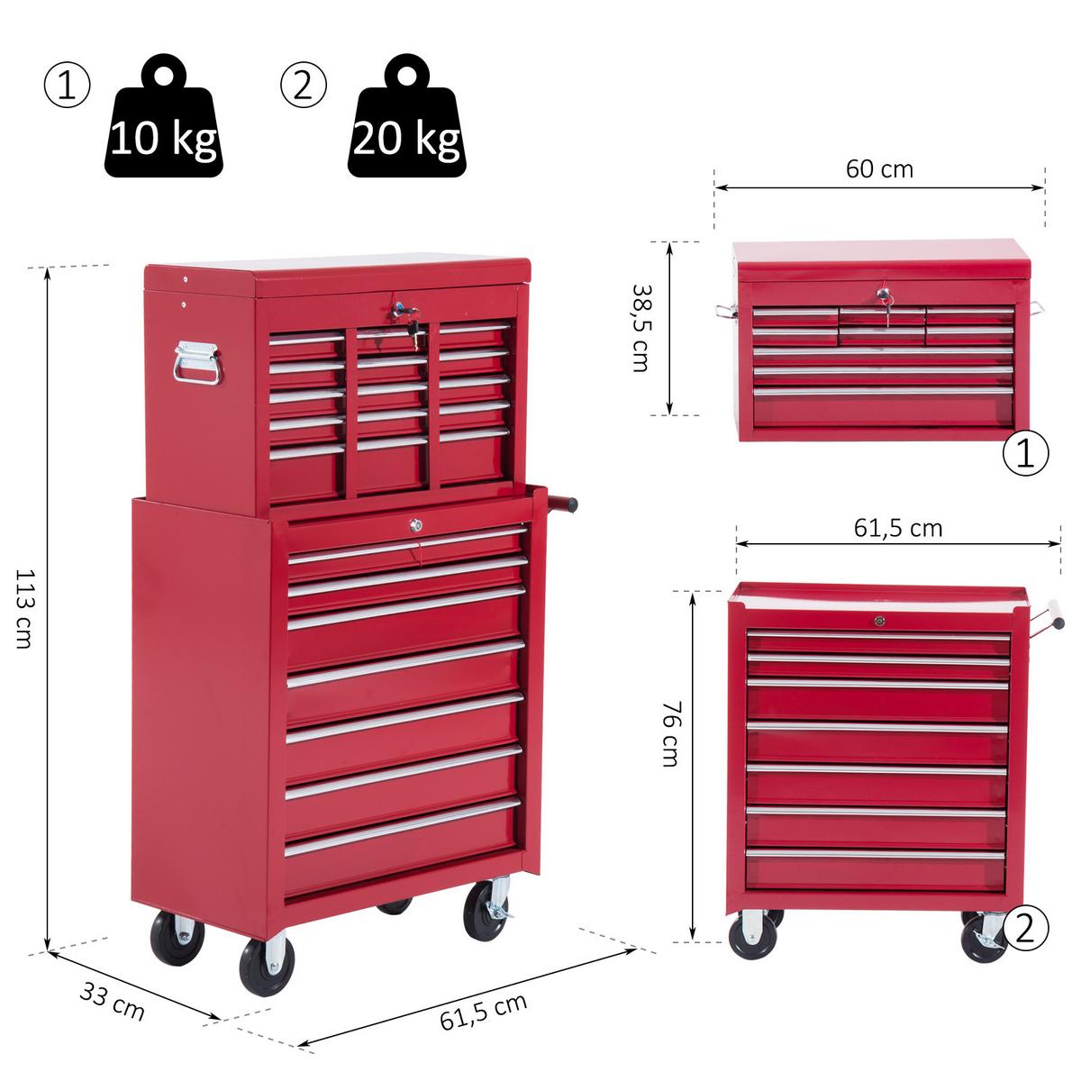 FAHRBARER Werkzeugwagen Werkstattwagen Rollwagen Werkzeugkasten Rot - Rot, Metall (33/113/61.5cm) - HOMCOM