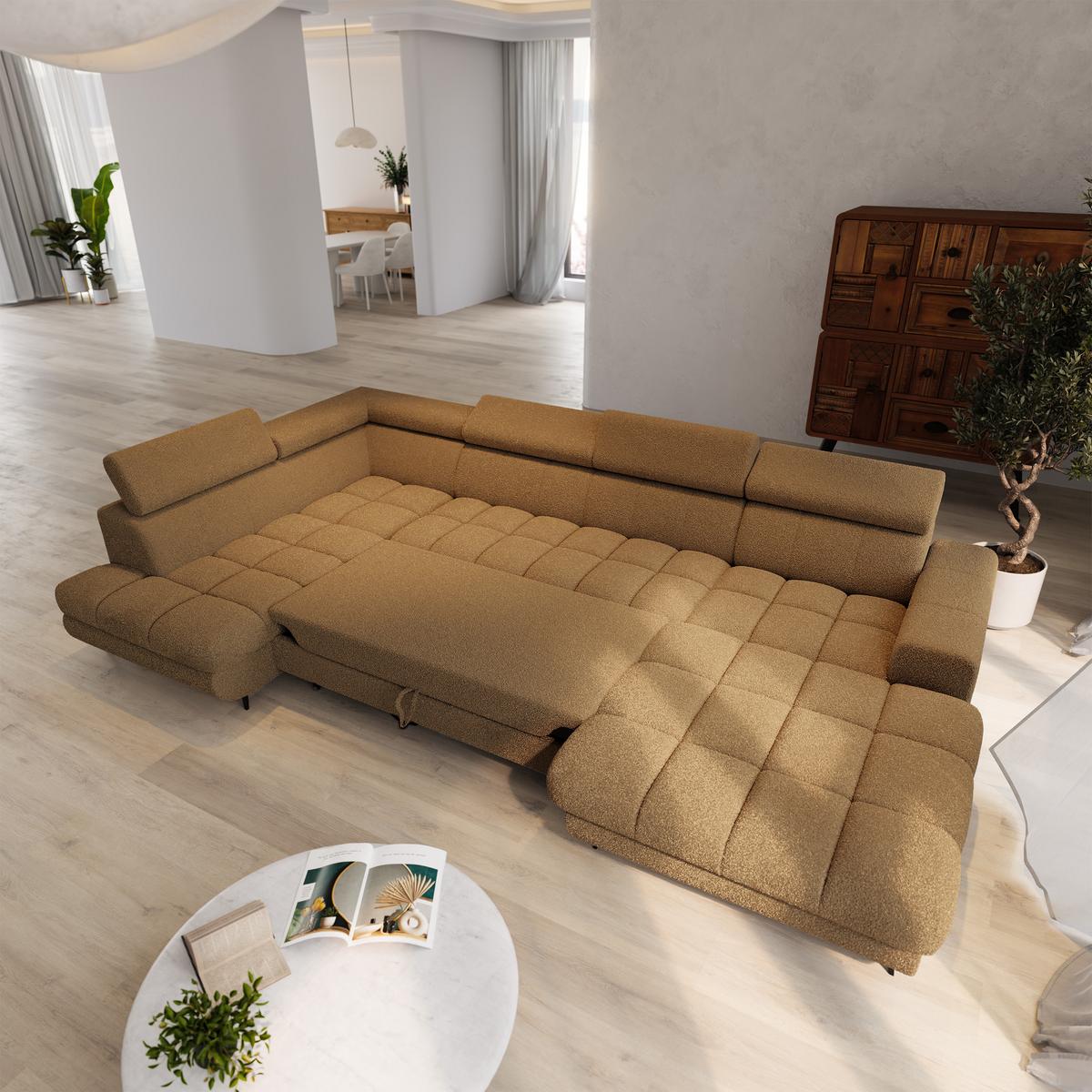 WOHNLANDSCHAFT CORENO Orange Boucle-Stoff mit Schlaffunktion - Orange, Holz (345/88/190cm) - MASSENO