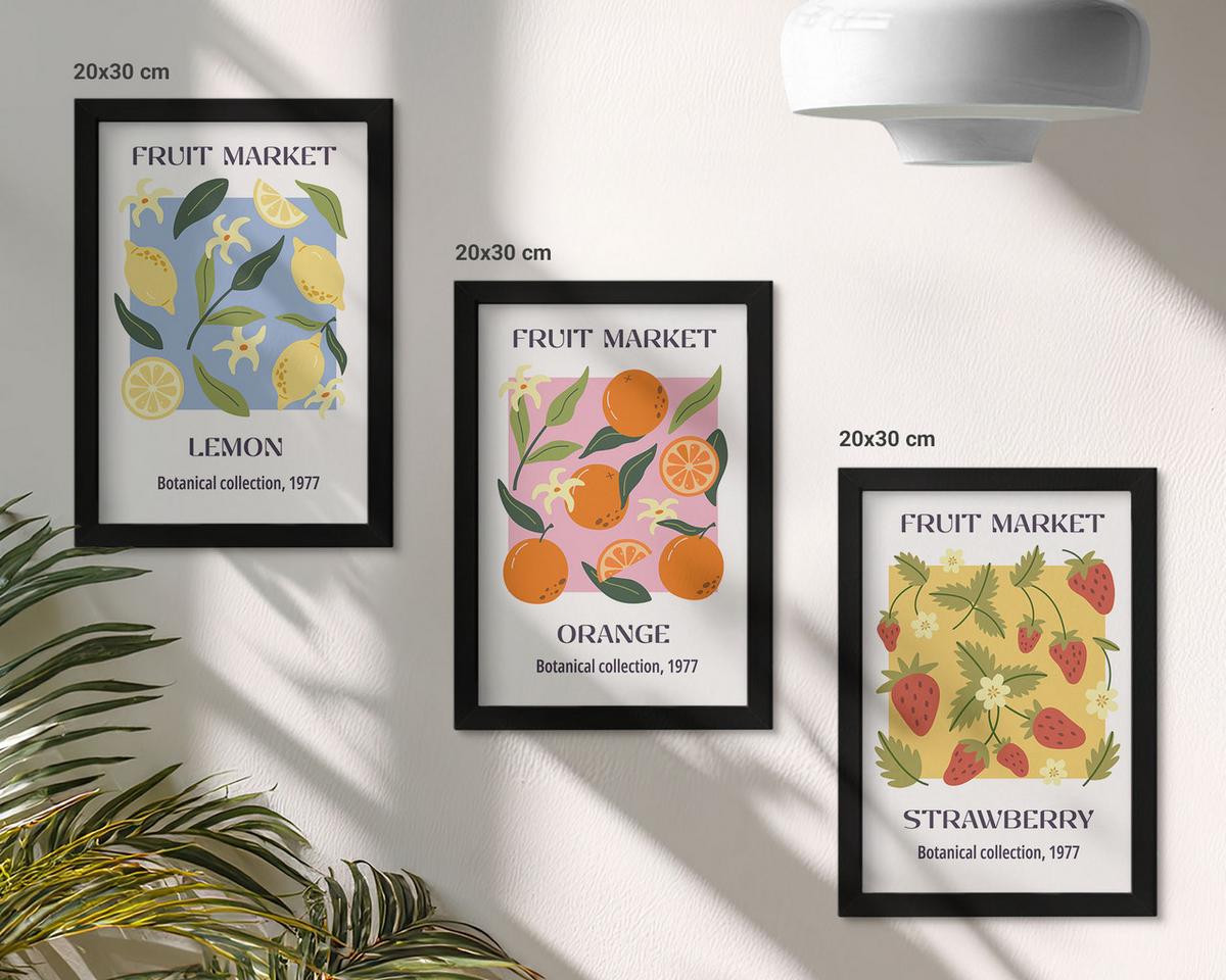 BILDER SET 3er Set - 20x30 cm Schwarzer Rahmen - Fruchtposter Zitronen Erdbeeren - Schwarz, Kunststoff (20/30cm) - TULUP