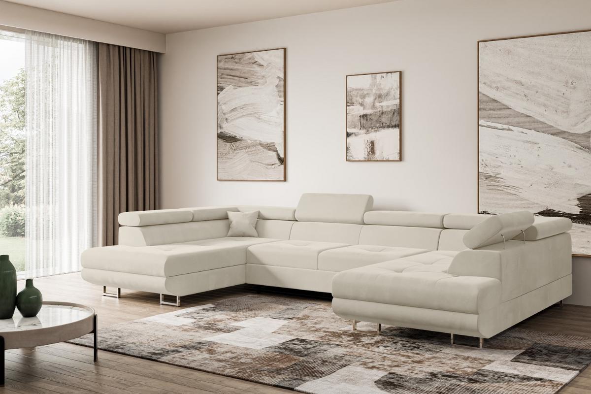 WOHNLANDSCHAFT mit Schlaffunktion und Bettkasten GUSA-U 342x202x107 cm Beige Velours - Beige/Silberfarben, Holzwerkstoff/Textil (342/107/202cm) - ALTDECOR