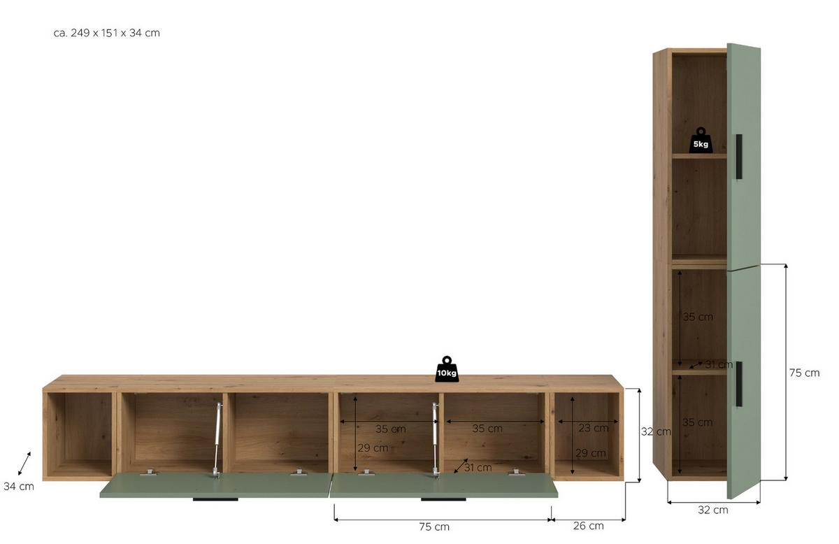 WOHNWAND grün, Eiche Artisan 249 x 184 cm, Wohnkombination hängend / stehend - Schwarz/Eiche Artisan, Holzwerkstoff/Kunststoff (249/184/34cm) - Inn.Furn