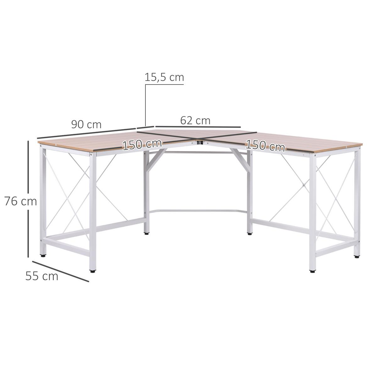 SCHREIBTISCH L-Form, MDF, Natur+Weiß - Naturfarben, Kunststoff (150/150/76cm) - HOMCOM