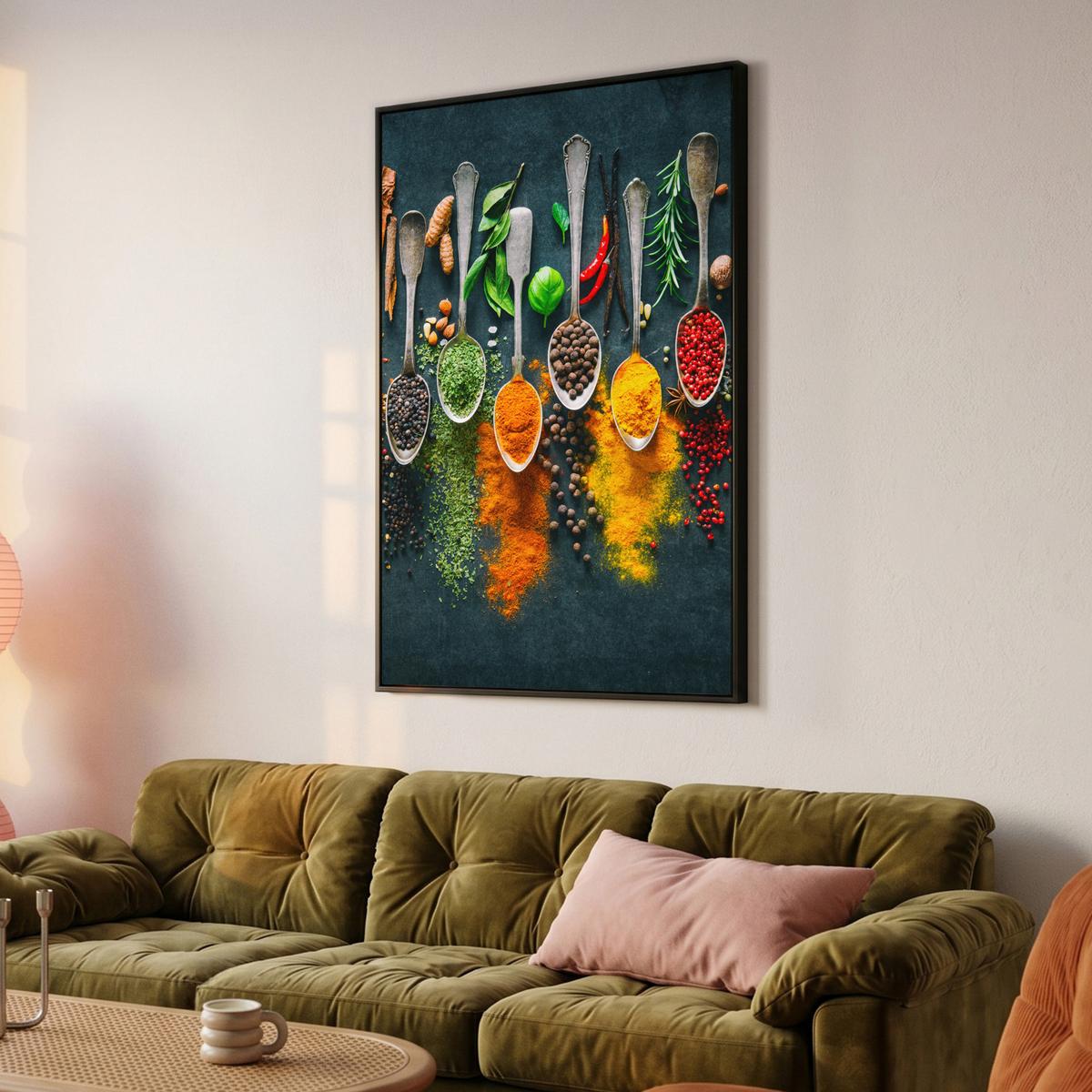 LEINWAND Bilder mit Rahmen - Kräuter - Gewürze - Löffel - 80x120 - Currygelb, Textil (80/120cm) - MuchoWow