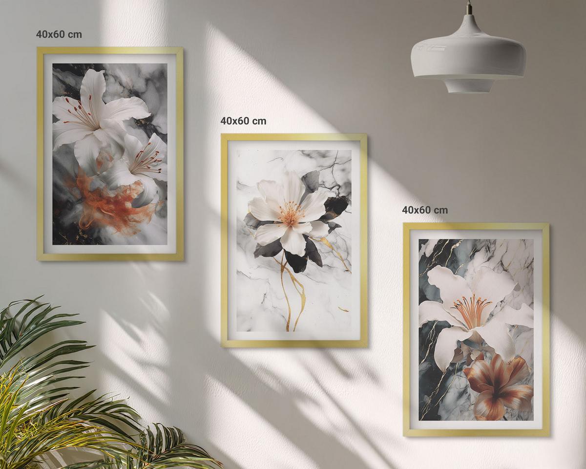 BILDER SET 3er Set - 40x60 cm Goldrahmen - Blumen Marmor weiß schwarz - Goldfarben, Kunststoff (40/60cm) - TULUP