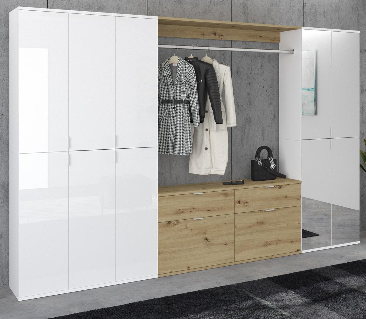 GARDEROBENSCHRANK weiß Hochglanz, Eiche 273 cm, Komplettset mit Spiegel - Weiß Hochglanz/Eiche Artisan, Holzwerkstoff/Metall (273/193/34cm) - Inn.Furn