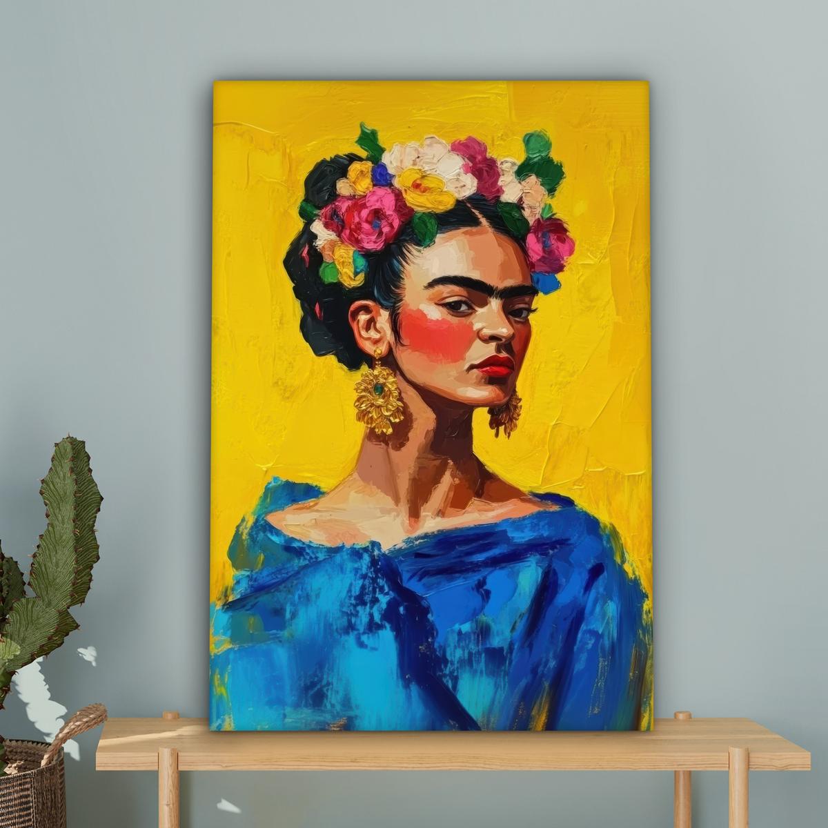 LEINWANDBILD Frida Kahlo - Frau - Gelb - Blau - Blumen Wanddeko 40x60 cm - Gelb, Textil (40/60cm) - MuchoWow