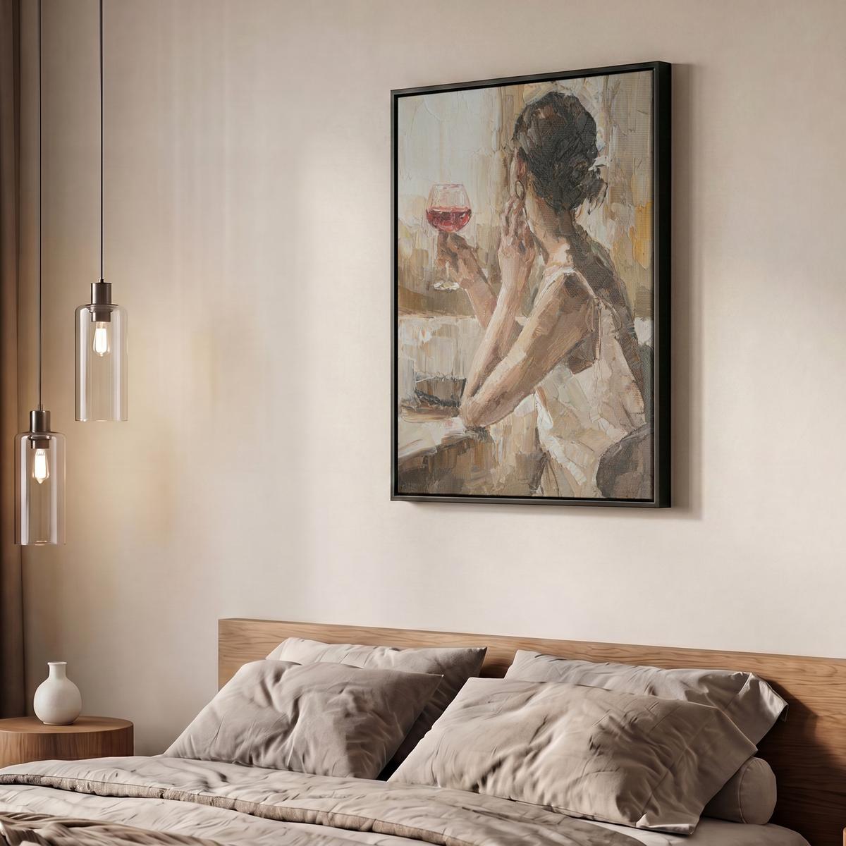 LEINWAND Bilder mit Rahmen - Ölgemälde - Frau - Wein - 60x80 - Hellbraun, Textil (60/80cm) - MuchoWow