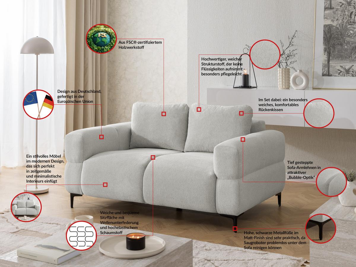 2-SITZER-SOFA Cardea in Bubble-Optik aus weichem Hellgrau Strukturstoff mit hohem Sitzkomfort - Hellgrau/Schwarz, Holz/Textil (154/80/97cm) - S-Style Möbel