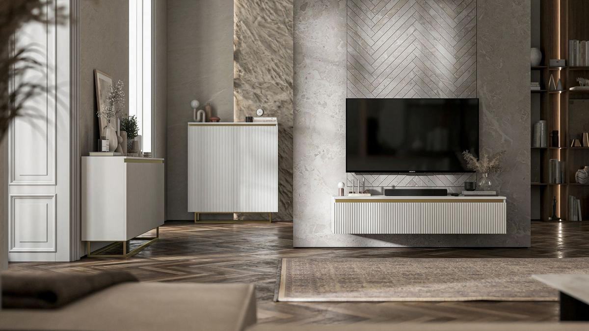 SIDEBOARD Selene 3D Weiß Matt mit geriffelten Fronten Glamour 167 cm - Goldfarben/Weiß, Holzwerkstoff/Metall (167/79/35cm) - Meble Lindner
