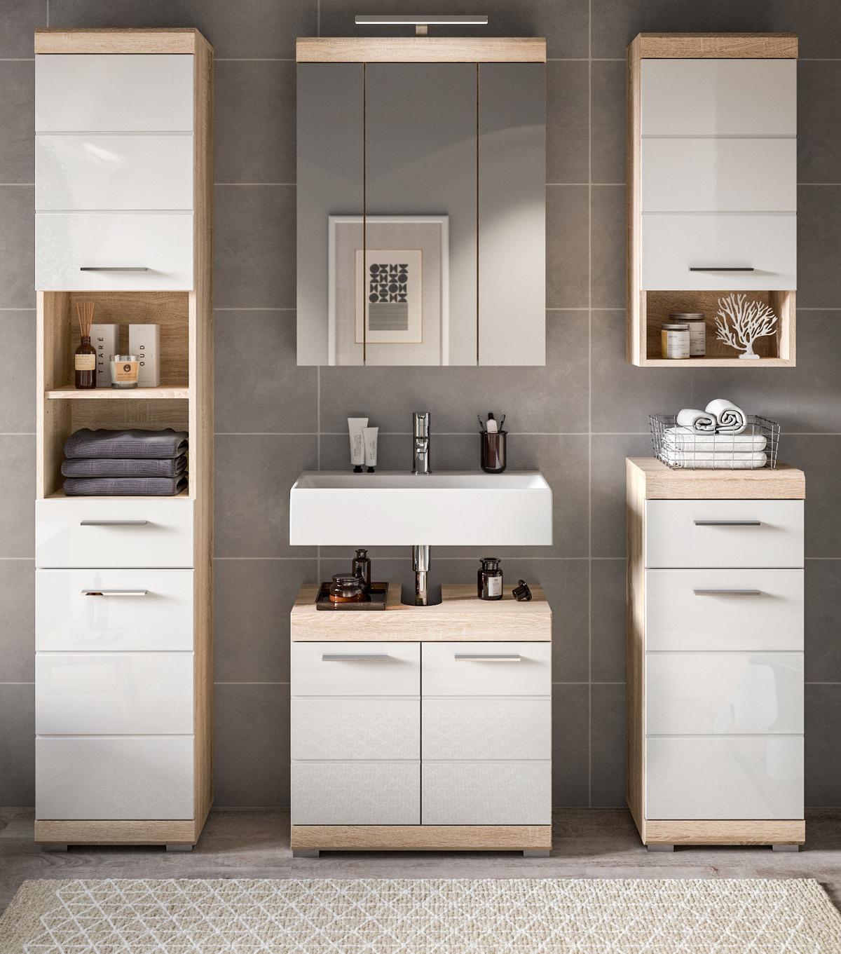 HOCHSCHRANK weiß Hochglanz, Eiche 37 cm, Badschrank mit 6 Fächern - Weiß Hochglanz/Eichefarben, Holzwerkstoff/Kunststoff (37/191/31cm) - Inn.Furn
