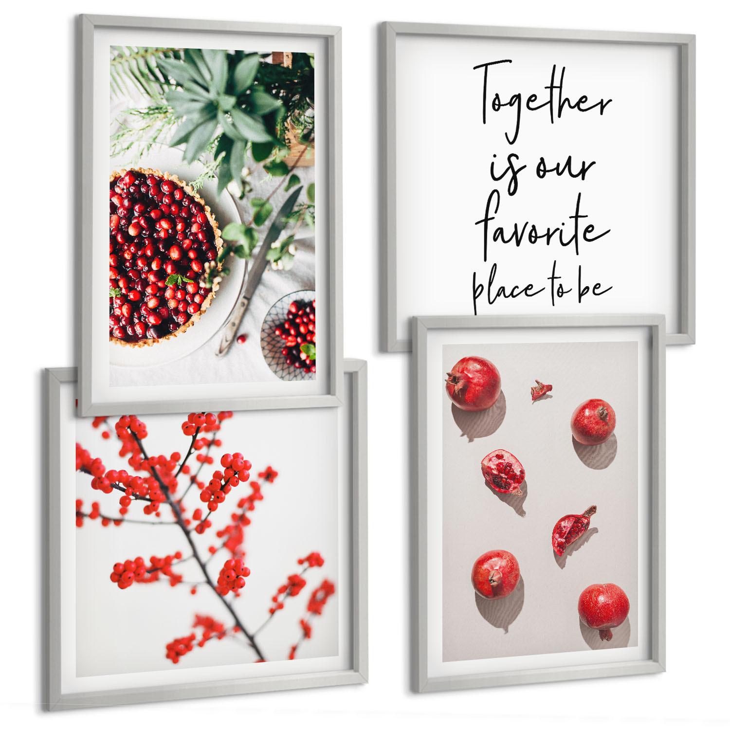 BILDER SET 4er Set - 50x50 cm & 40x60 cm Silberner Rahmen - Minimalismus der roten Früchte von Pflanzen - Silberfarben, Kunststoff (50/50cm) - TULUP