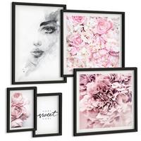 BILDER SET 5er Set - 50x50 cm & 20x30 cm & 40x60 cm Schwarzer Rahmen - Pfingstrosenporträt einer Frau zu Hause - Schwarz, Kunststoff (40/60cm) - TULUP