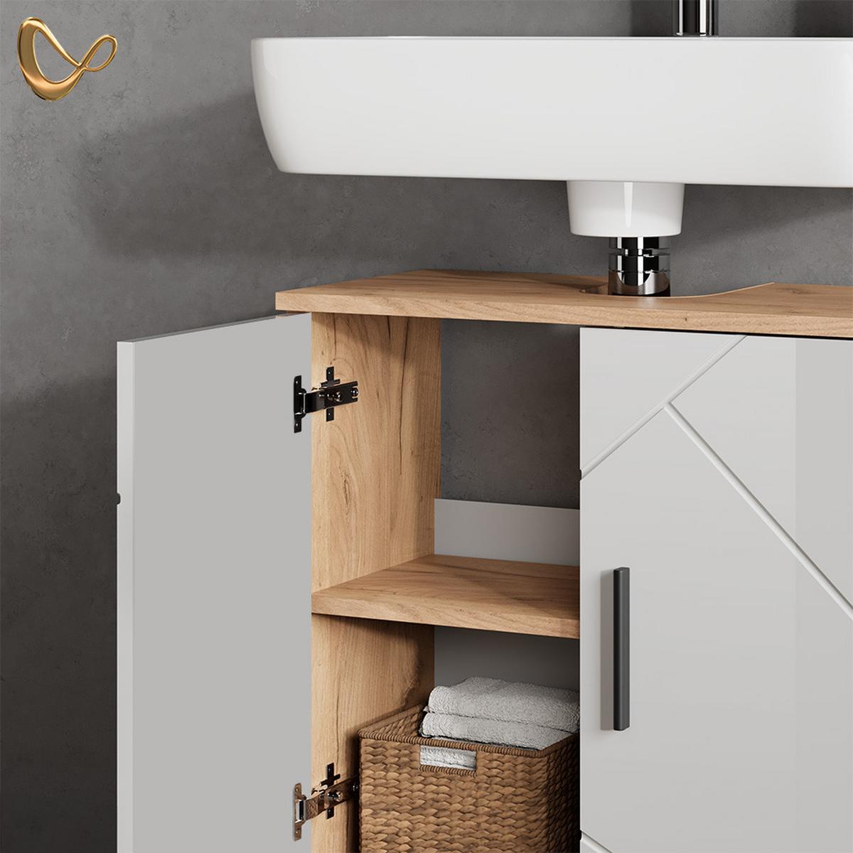 WASCHBECKENUNTERSCHRANK Ronco Weiß Hochglanz/Goldkraft Eiche 60 x 59 cm - Honigeiche/Weiß Hochglanz, Holzwerkstoff (60/59/30cm) - Livinity®