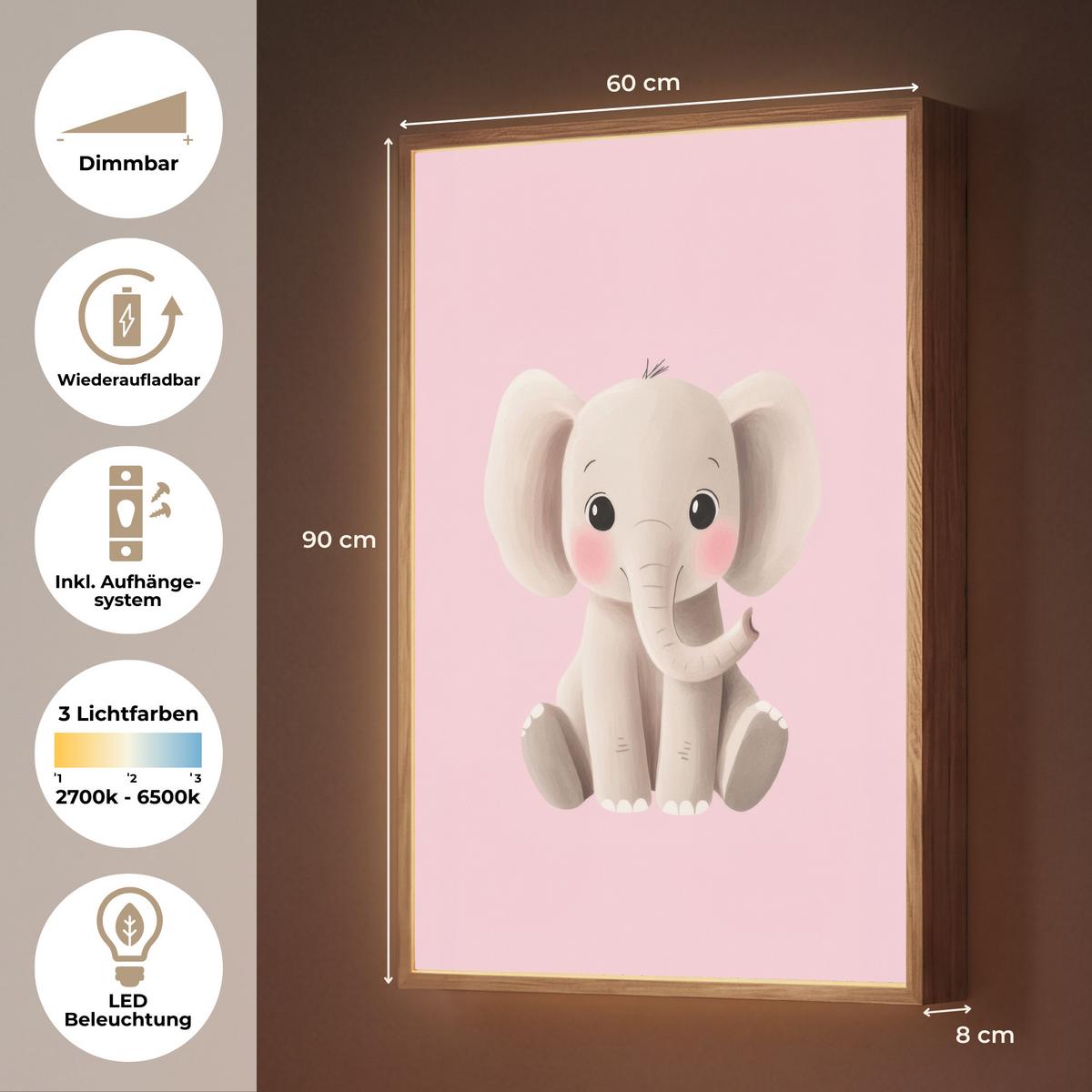 WANDLEUCHTE MIT AKKU Elefant - Baby - Rosa - Cartoon 60x90 cm - Hellrosa, Holzwerkstoff (60/90/8cm) - OnlyWow