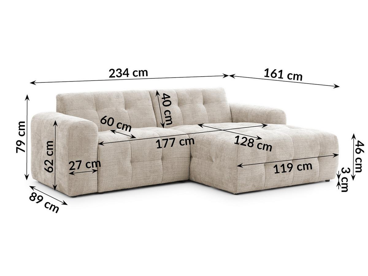 ECKSOFA Kozy im Bumpy-Design mit fester Rückenlehne aus weichem Dunkelbeige Chenille-Stoff - Ottomane rechts - Beige/Schwarz, Holz/Kunststoff (234/161cm) - S-Style Möbel