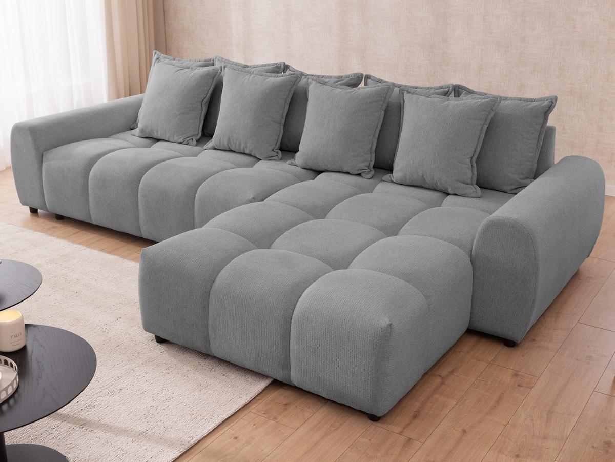 ECKSOFA Bubble mit losen Rückenkissen und Sitzfläche in Bubble-Optik aus weichem Grau Strukturstoff mit schöner Sitzkomfort - Ottomane rechts - Schwarz/Grau, Holz/Kunststoff (306/180cm) - S-Style Möbel