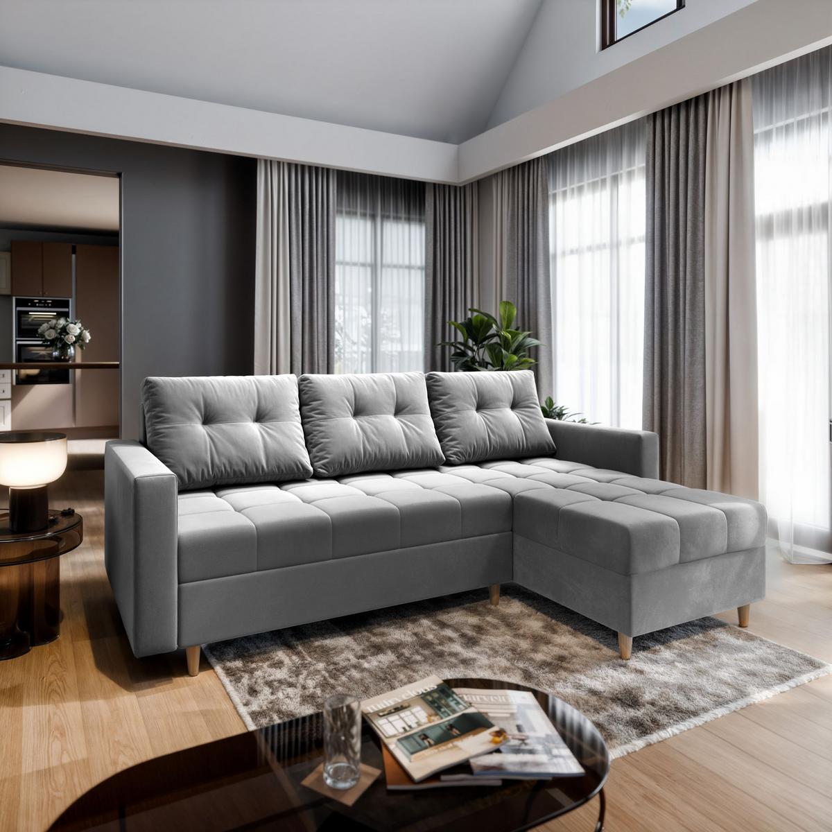 ECKSOFA MILO L Hellgrau Plüsch-Stoff mit Schlaffunktion - Hellgrau/Braun, Holz/Textil (220/140cm) - MASSENO