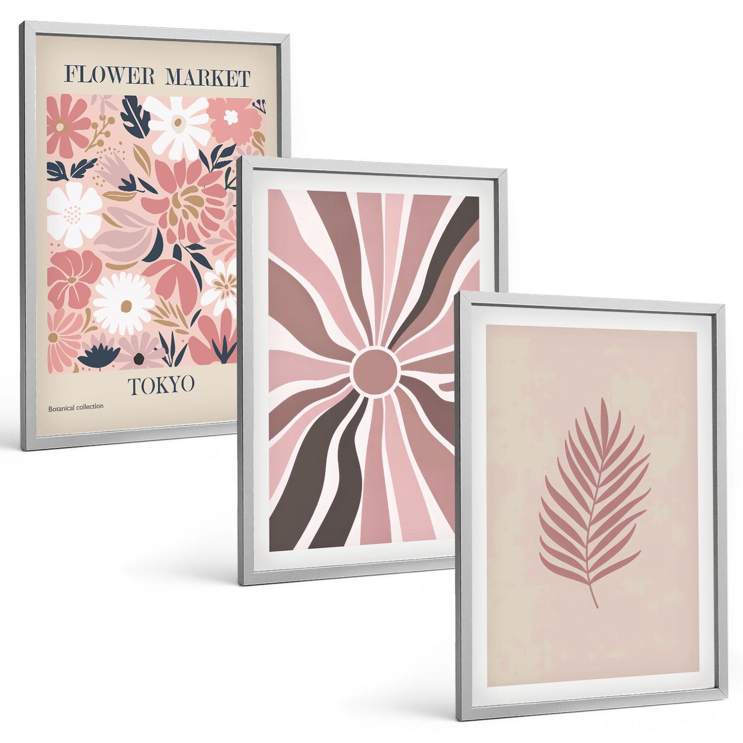 BILDER SET 3er Set - 40x60 cm Silberner Rahmen - Florale Blattmuster und Geometrie - Silberfarben, Kunststoff (40/60cm) - TULUP