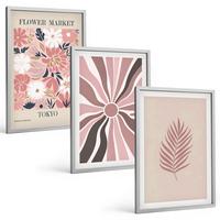 BILDER SET 3er Set - 40x60 cm Silberner Rahmen - Florale Blattmuster und Geometrie - Silberfarben, Kunststoff (40/60cm) - TULUP