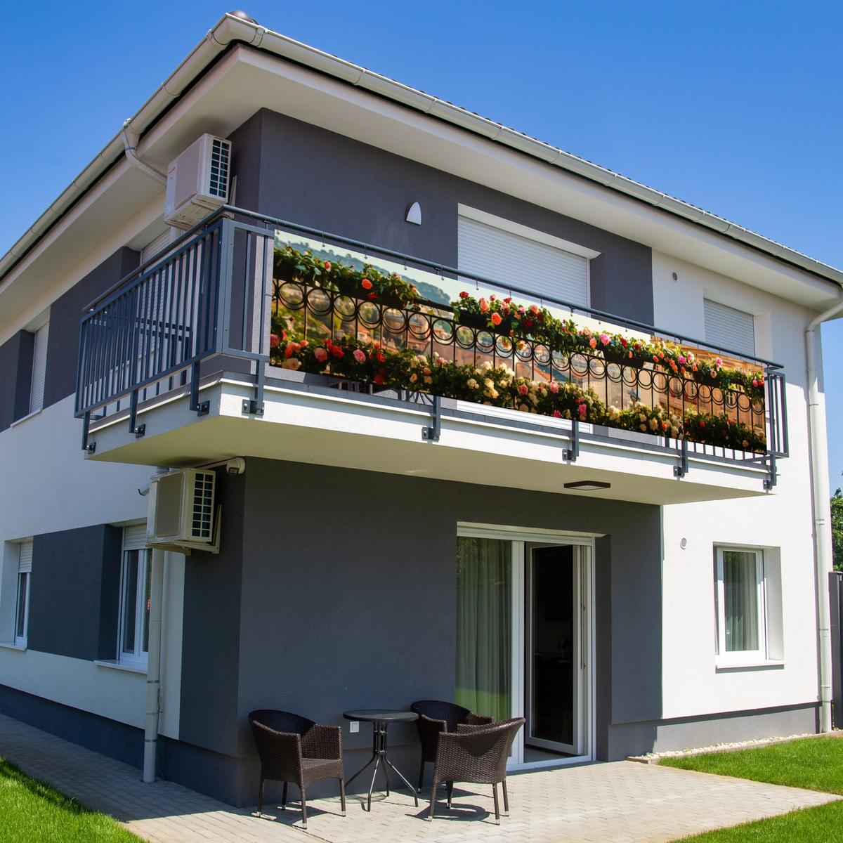 BALKON-SICHTSCHUTZ Blumen - Zaun - Stadtbild - Sommer Deko XXL 500x110 cm - Pink, Kunststoff (500/110cm) - MuchoWow