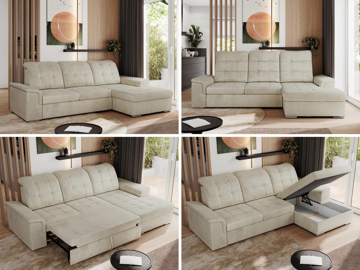 ECKSOFA MADRITO L - Beige Velorus - Rechts - Beige/Silberfarben, Textil/Metall (256/160cm)