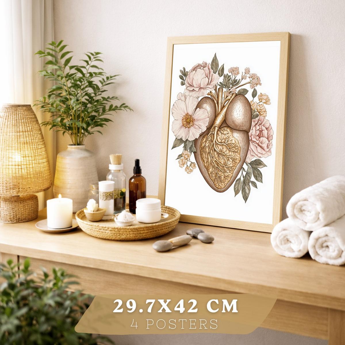 POSTER Set aus 4 Körper Anatomie Drucke mit Gehirn Herz Lungen Luftröhre Bronchien Nieren Verdauungssystem Magen Darm Größe Leichter Holzrahmen A4 - Beige, Papier (21/29.7/3cm) - Nacnic