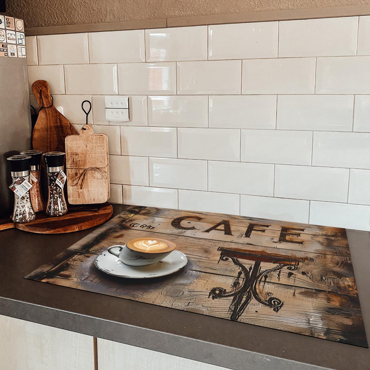 HERDABDECKPLATTE Cafe - Holz - Kaffee - Regale Herdabdeckung Induktionsfeld 75x52 cm - Schwarz, Kunststoff (75/52/0.2cm) - MuchoWow