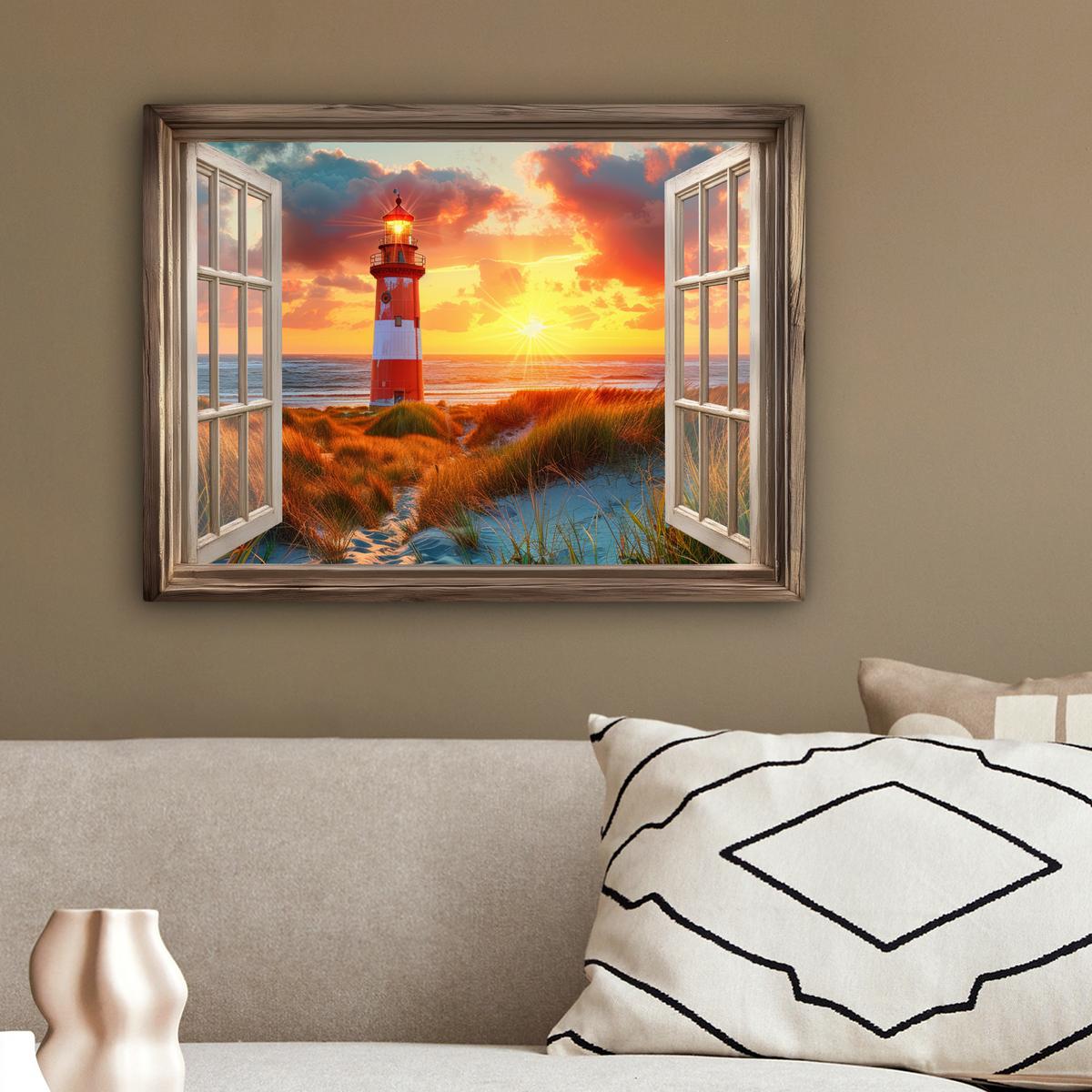 LEINWANDBILD Aussicht - Fenster - Leuchtturm - Sonnenuntergang - Strand Wandbild 40x30 cm - Dunkelorange, Textil (40/30cm) - MuchoWow