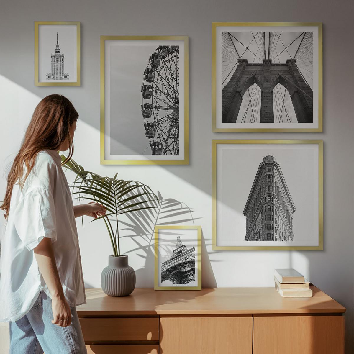 BILDER SET 5er Set - 50x50 cm & 20x30 cm & 40x60 cm Goldrahmen - Architektur Schwarz-Weiß-Minimalismus - Goldfarben, Kunststoff (40/60cm) - TULUP