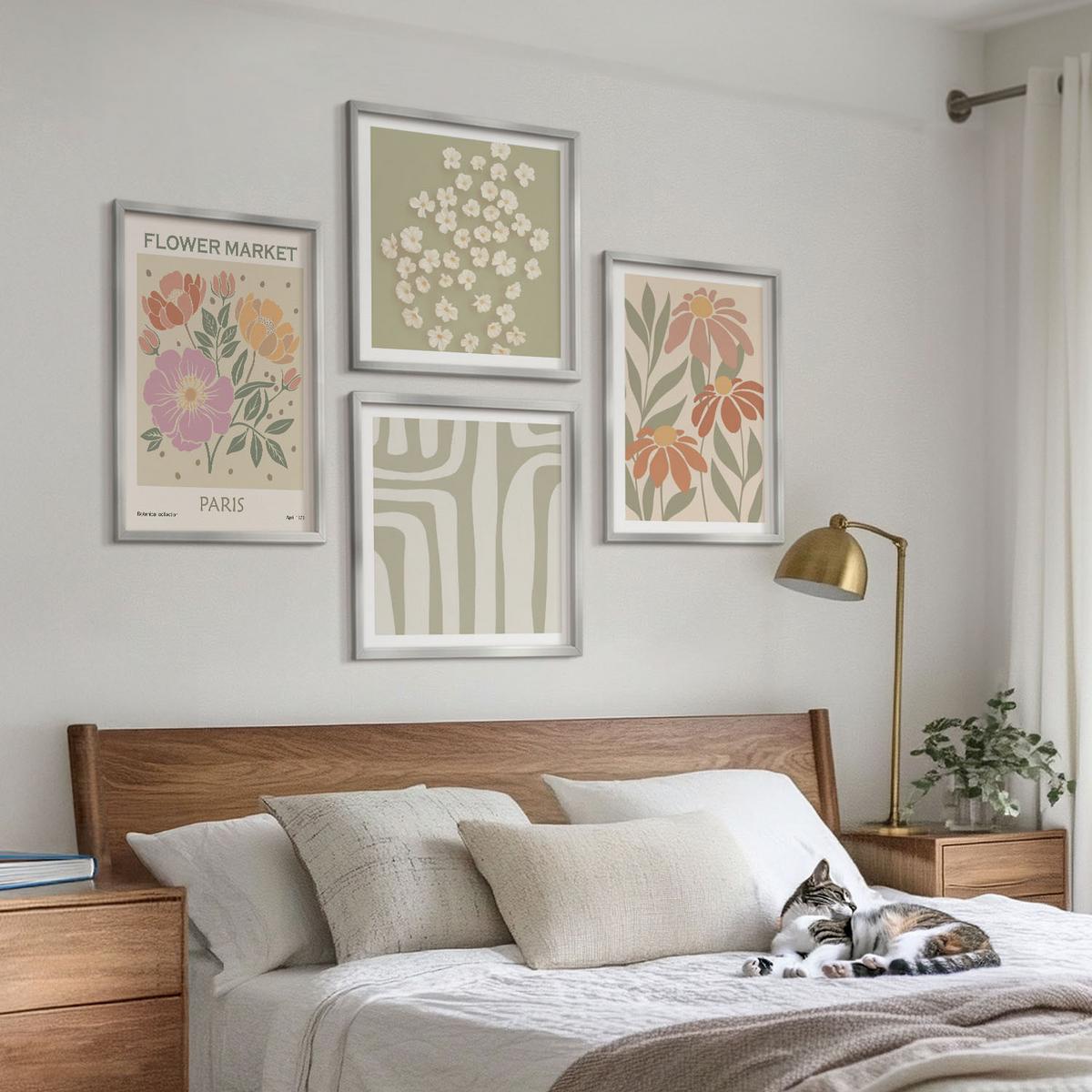BILDER SET 4er Set - 50x50 cm & 40x60 cm Silberner Rahmen - Botanische Motive, Pariser Minimalismus - Silberfarben, Kunststoff (50/50cm) - TULUP