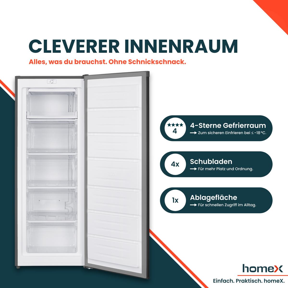GEFRIERSCHRANK FS1682E-S groß - 168L Nutzinhalt, 4-Sterne Gefrieren, Freezer, leise 37 dB, silber - Silberfarben, Kunststoff/Metall (54.5/142.5/57.5cm) - homeX