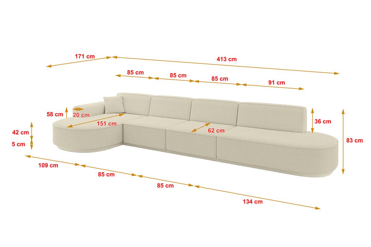 ECKSOFA Ottomane Links MARI-L3-v3 - 413x171x83 cm Beige Bouclé - Beige/Schwarz, Holzwerkstoff/Kunststoff (413/171cm) - ALTDECOR