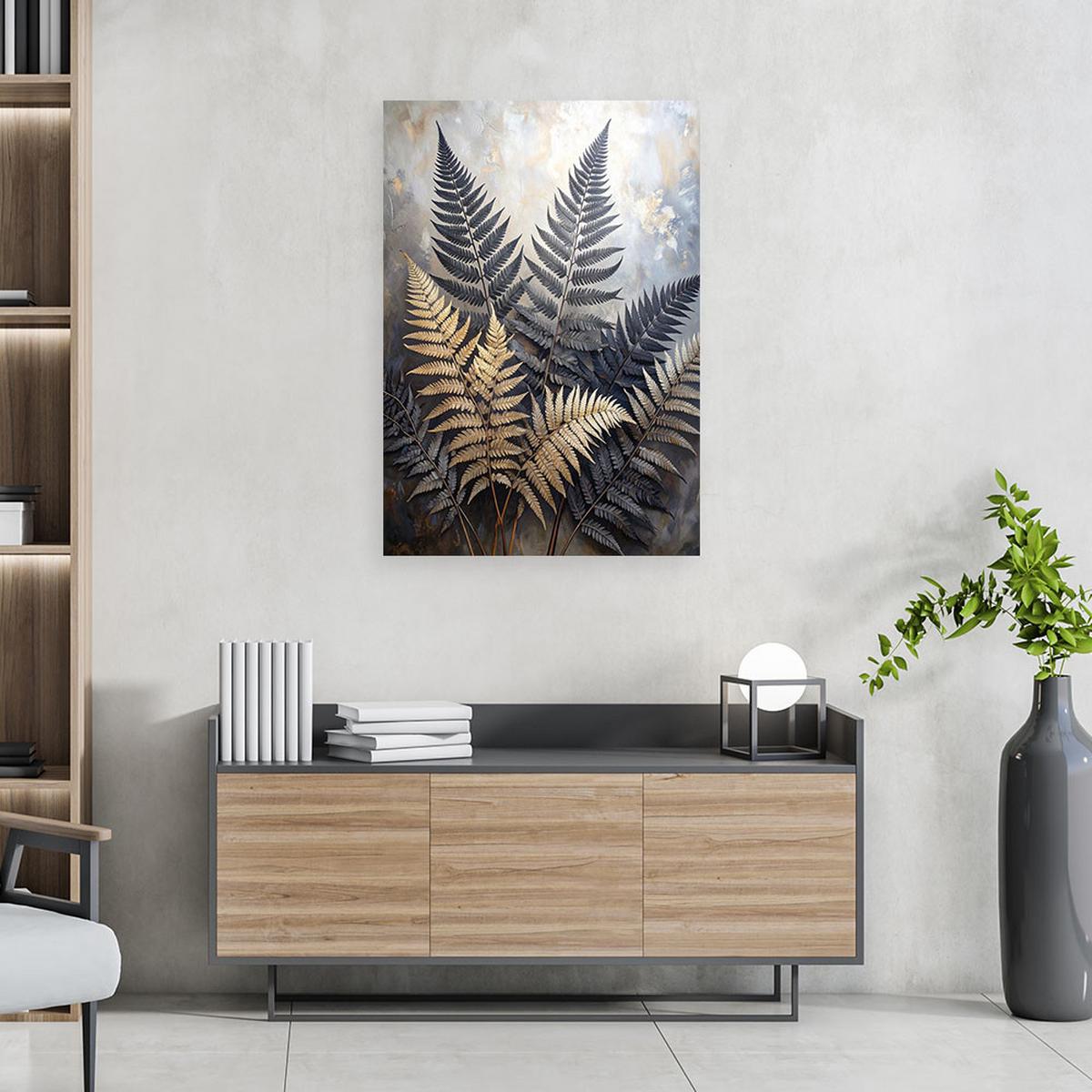 BILD auf Leinwand, Schwarz-goldene Farnblätter auf beigem Hintergrund - Schwarz, Textil (70/100cm) - Feeby