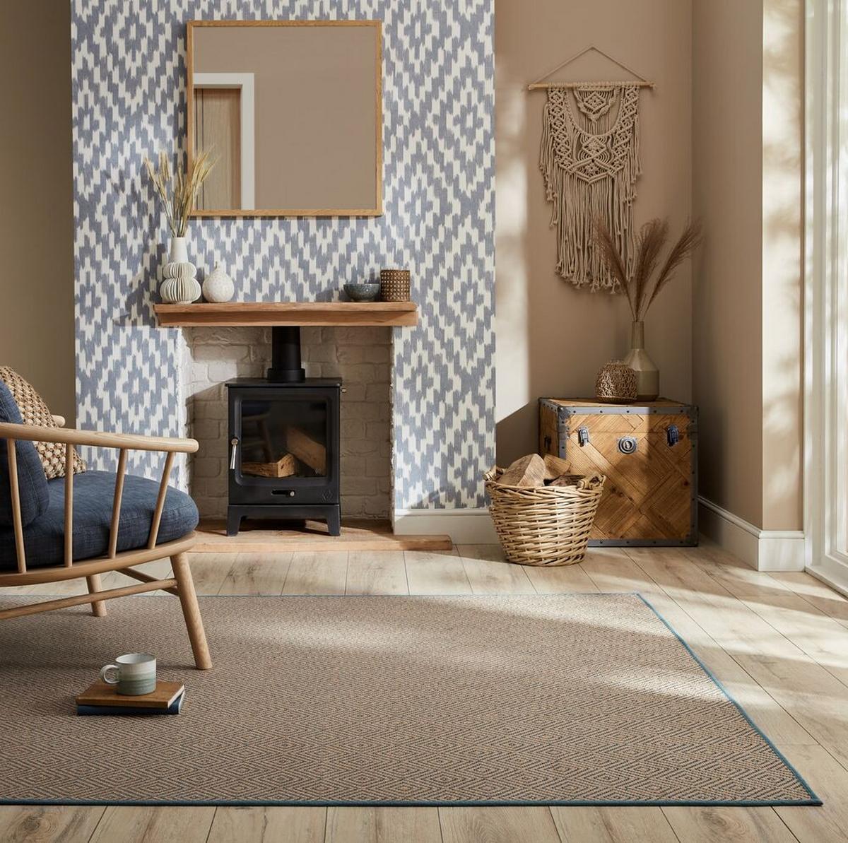 JUTETEPPICH CARRON, geometrisch, Braun-Blau, 200 x 290 cm - Blau/Braun, Naturmaterialien (200/290cm) - KADIMA DESIGN