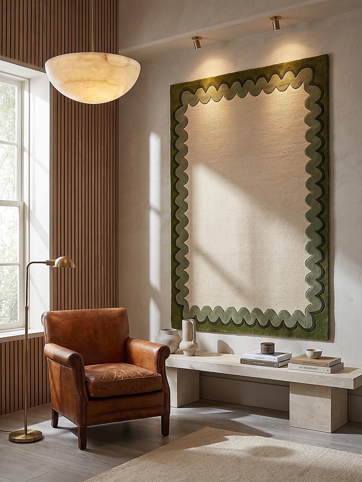 WOLLTEPPICH handgetuftet WAVENEY, Zickzack-Wellenbordüre, Olivgrün, 160 x 230 cm - Grün, Textil (160/230cm) - KADIMA DESIGN