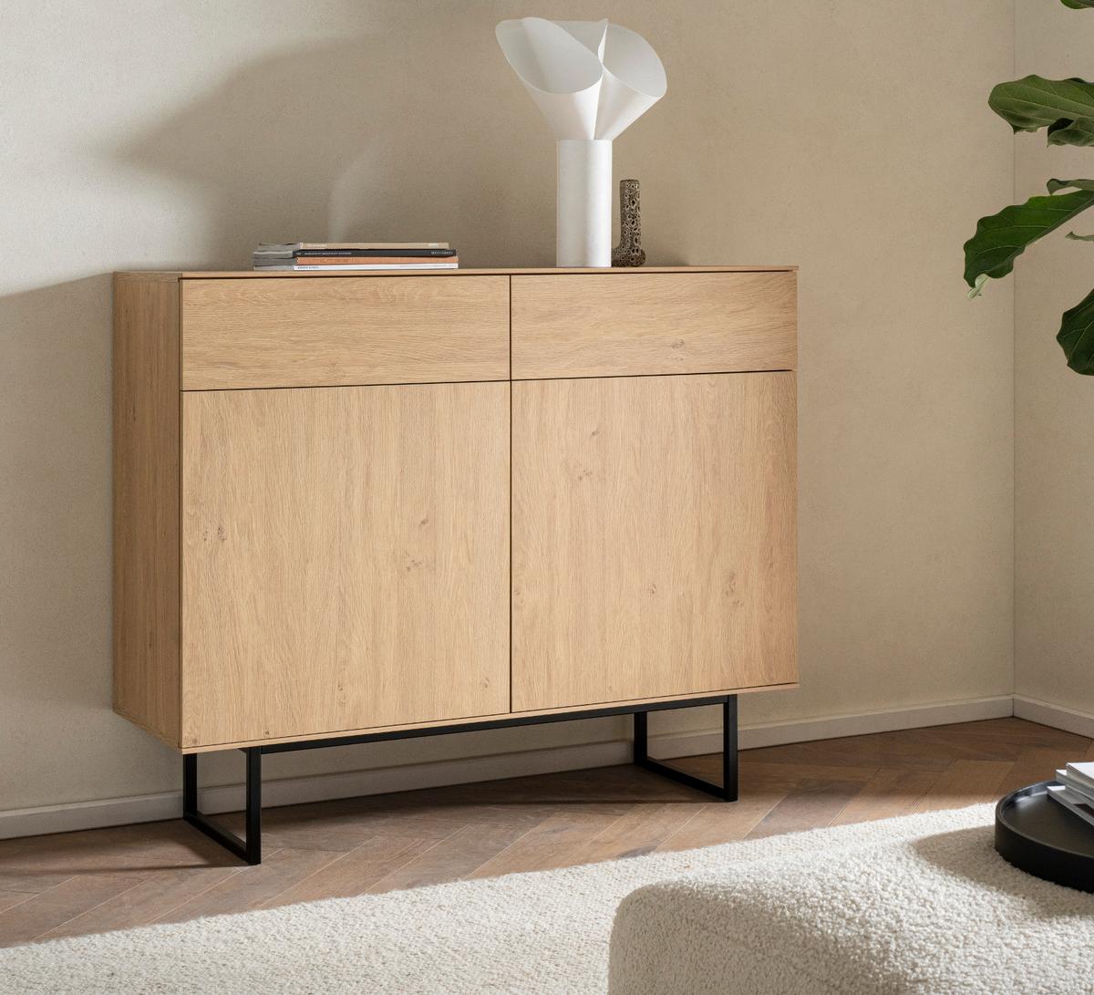 SIDEBOARD Stone Eiche, Kommode 115 x 98 cm, mit Push-to-Open - Eichefarben/Schwarz, Holzwerkstoff/Metall (115/98/40cm) - Furn.Design
