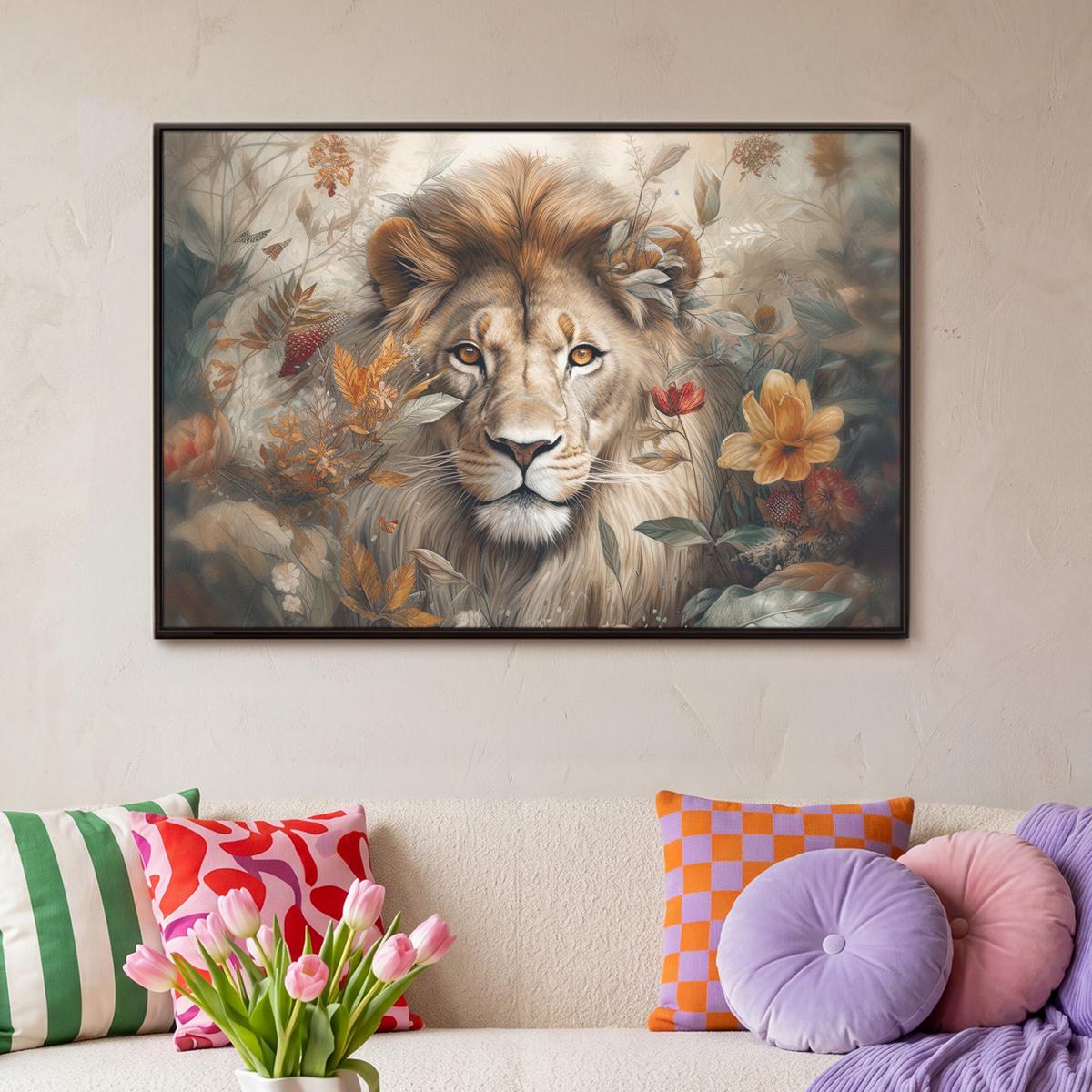 LEINWAND Bilder mit Rahmen - Löwe - Wildtiere - Pflanzen - Natur - Blumen - 90x60 - Beige, Textil (90/60cm) - MuchoWow